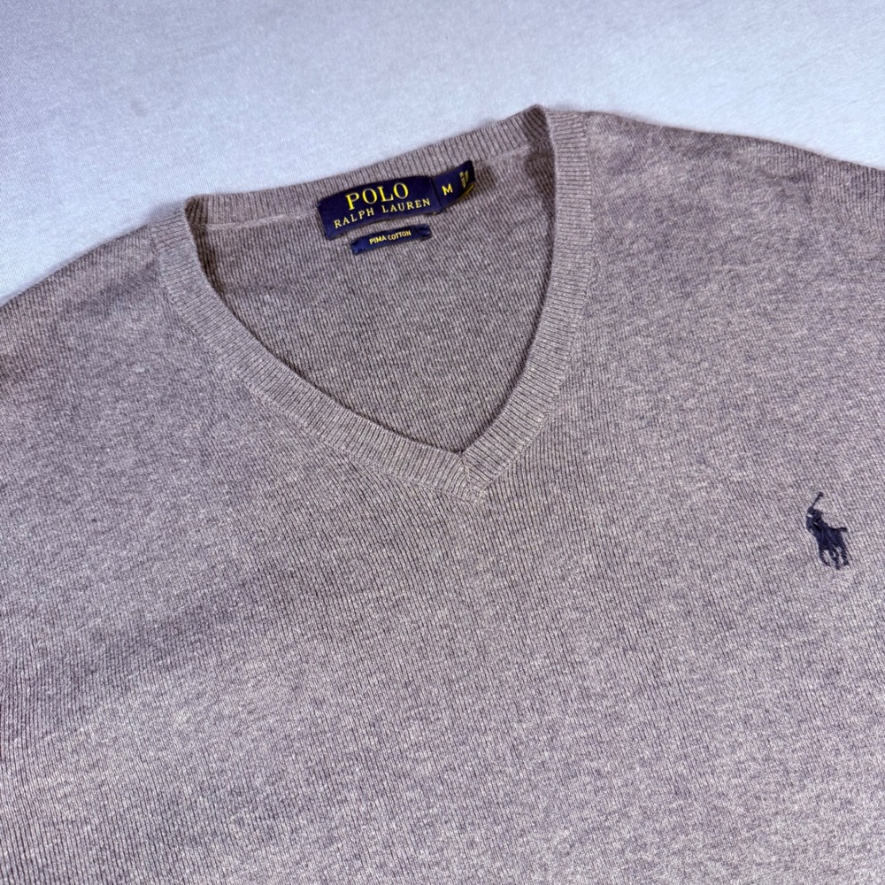 Polo Ralph Lauren Mens V-Neck‎ Sweater Pima Cotton Grey Pony Logo M